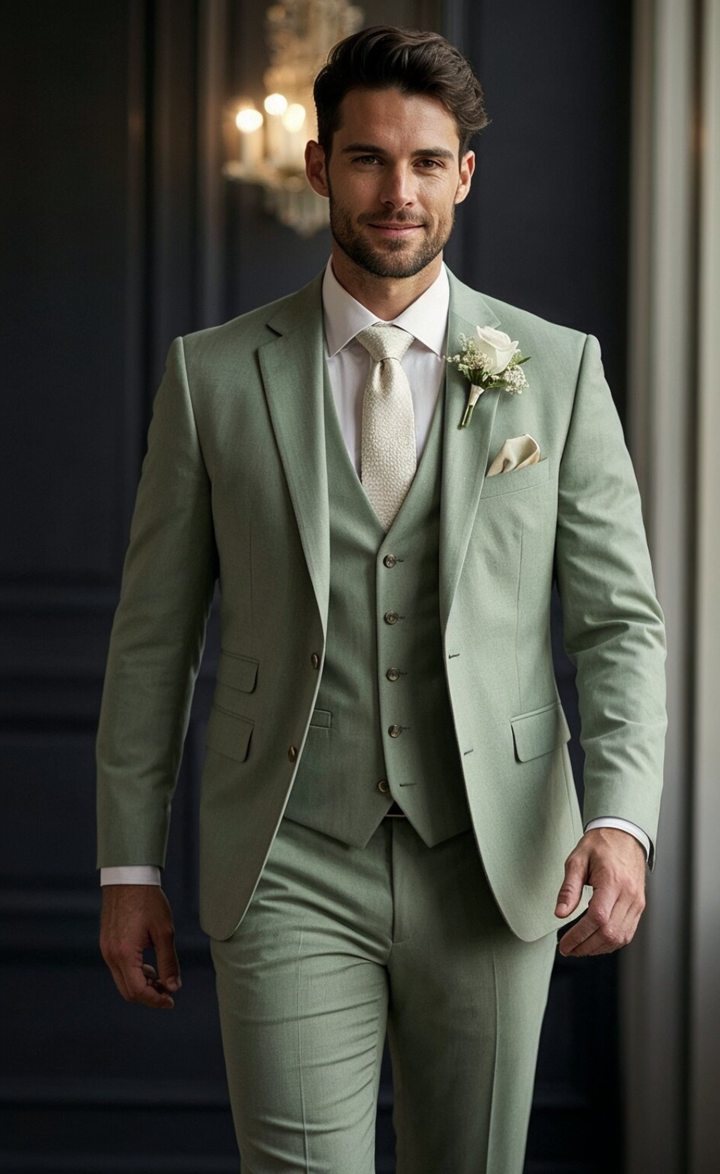 Elegant Sage Green Three-Piece Suit for Men