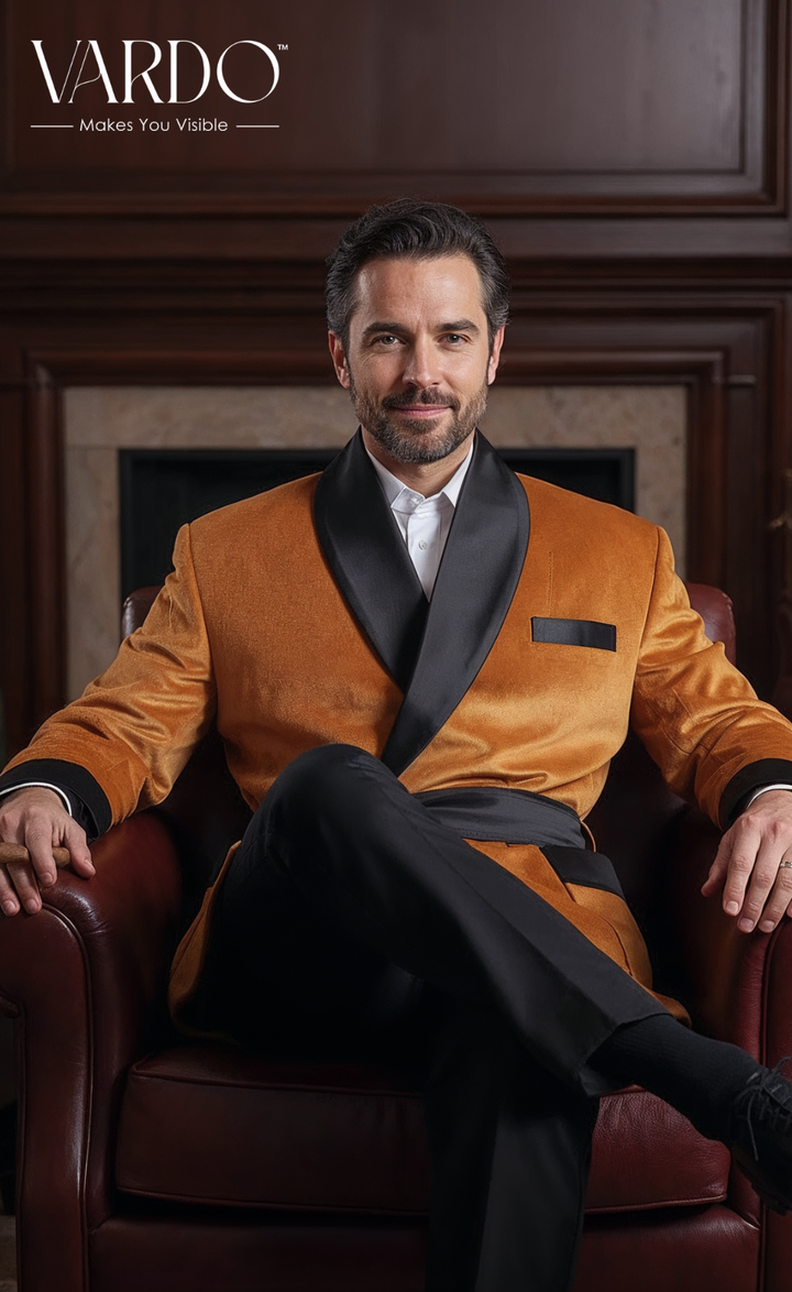 Luxurious Men's Golden Velvet Smoking Jacket - Elegant Party Wear, Premium Velvet Dinner Jacket