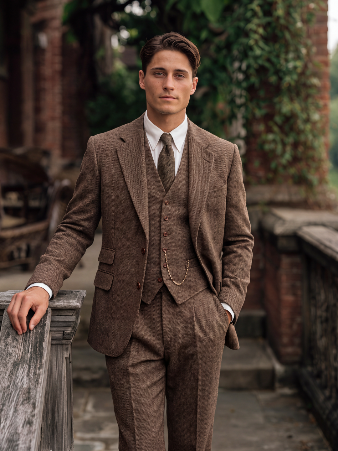 Mocha Brown Herringbone Wool Three-Piece Suit