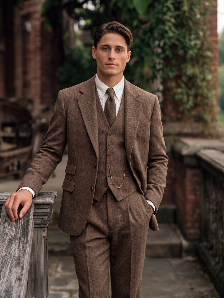 Mocha Brown Herringbone Wool Three-Piece Suit