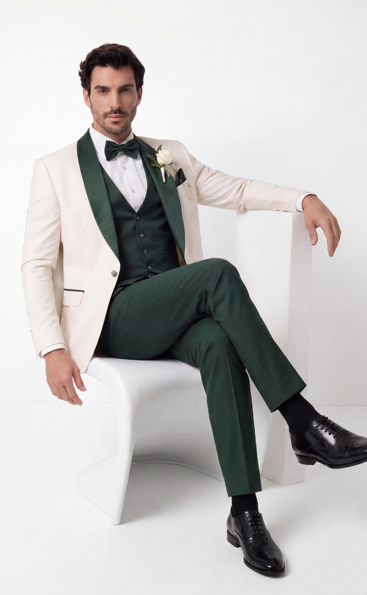 Ivory Tuxedo Jacket with Emerald Green Three-Piece Formal Suit