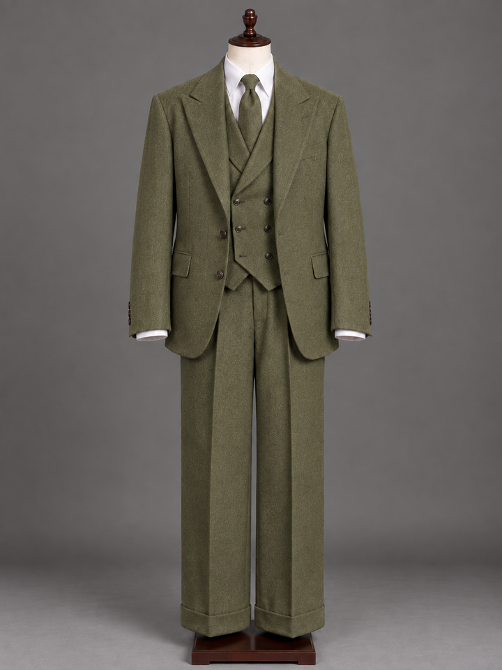 Olive Wool Three-Piece Suit