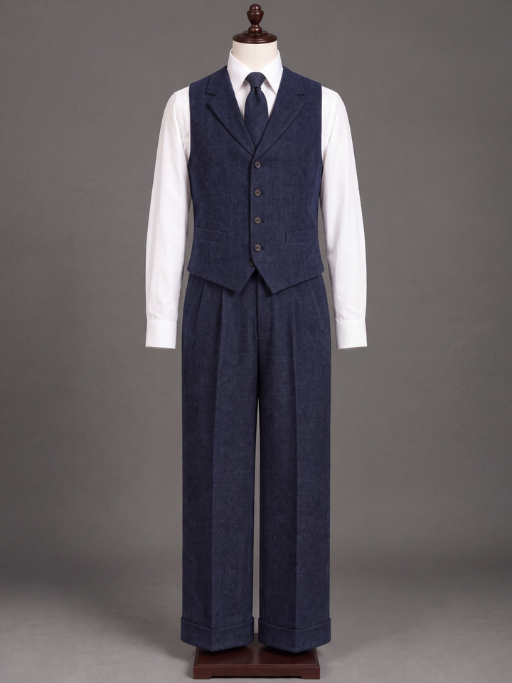 Midnight Navy Textured Wool Three-Piece Suit
