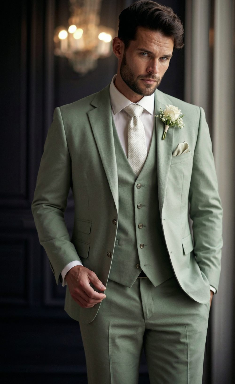 Elegant Sage Green Three-Piece Suit for Men Elegant Sage Green Three-Piece Suit for Men