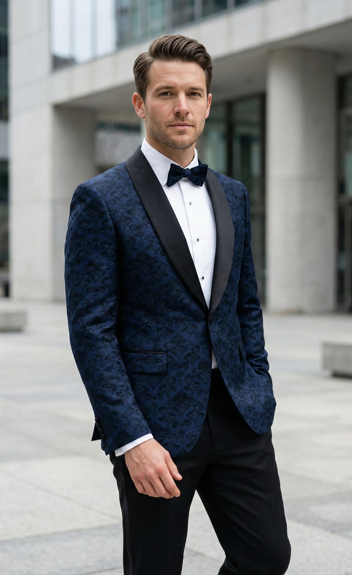 Navy Blue Jacquard Tuxedo Blazer Suit