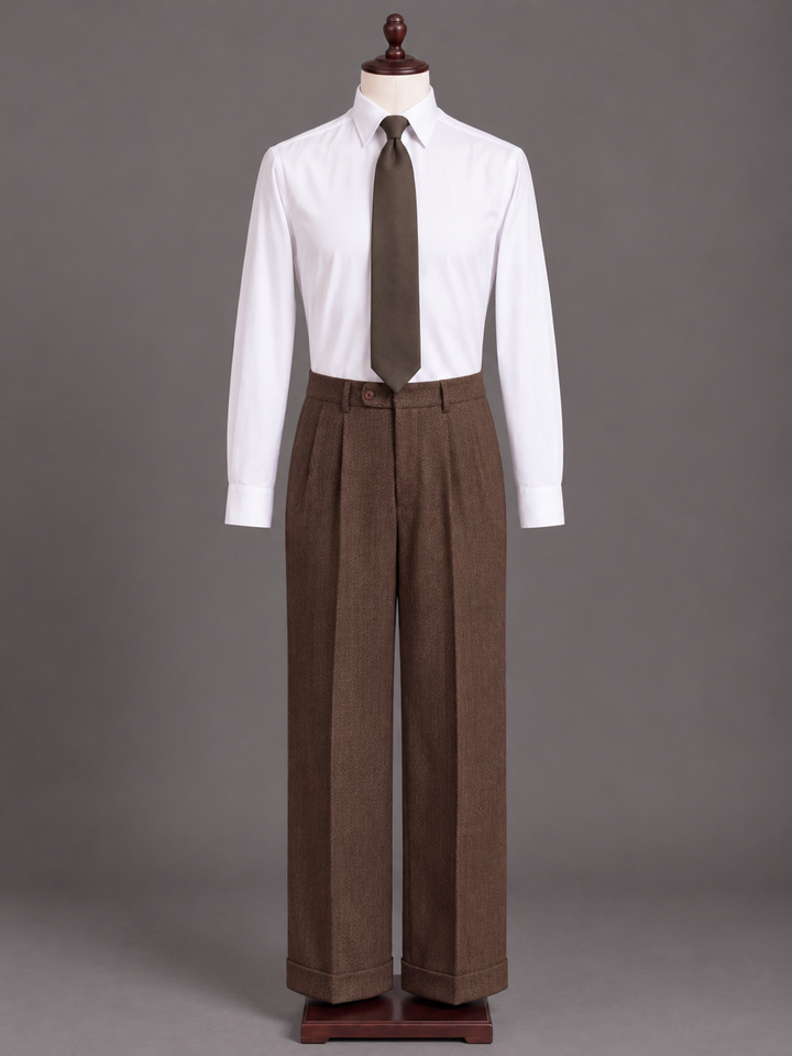 Mocha Brown Herringbone Wool Three-Piece Suit