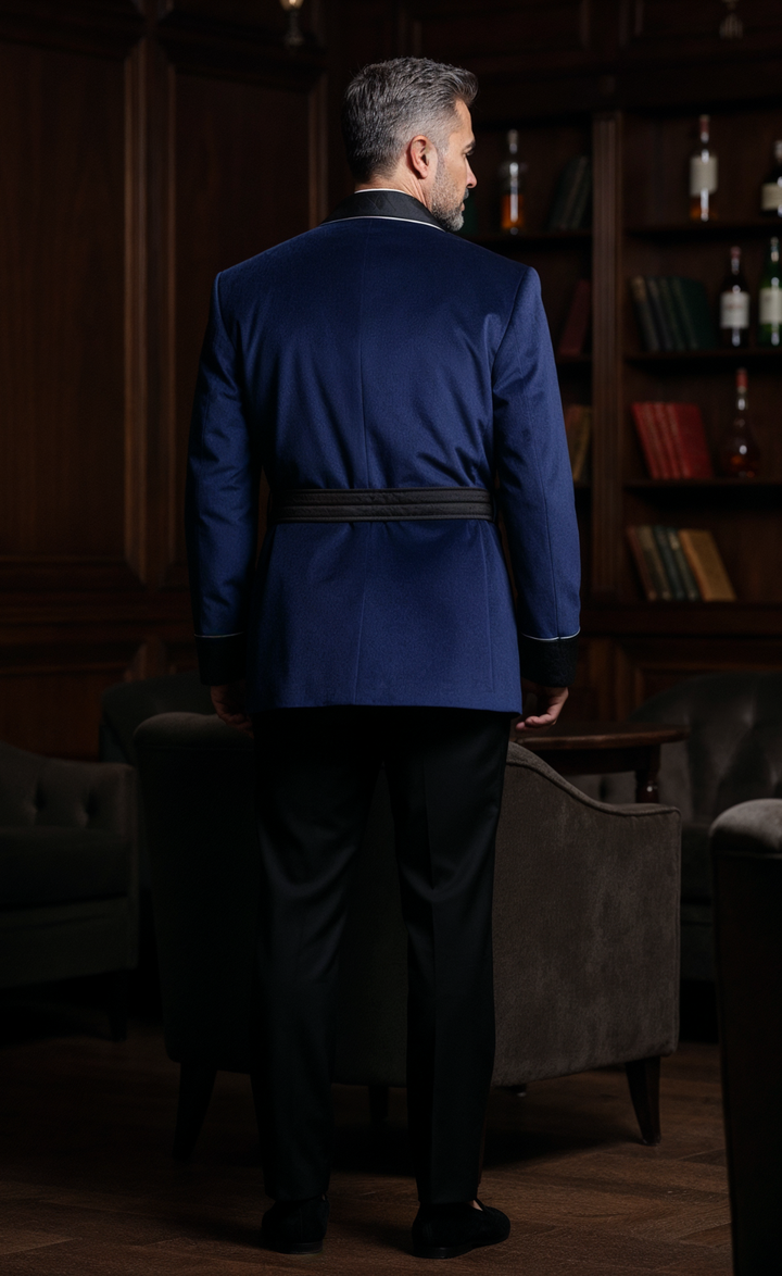 Men’s Navy Blue Velvet Smoking Jacket - Luxury Formal Wear, Elegant Dinner Blazer