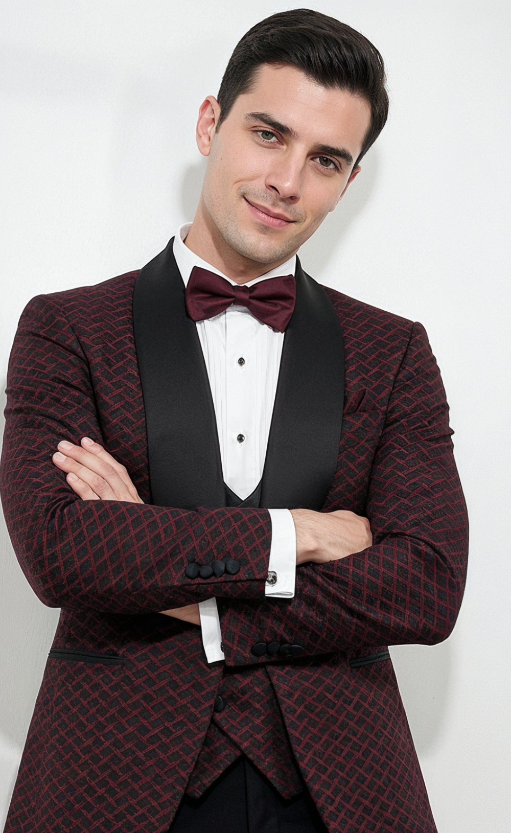 Burgundy Patterned Tuxedo Suit for Men