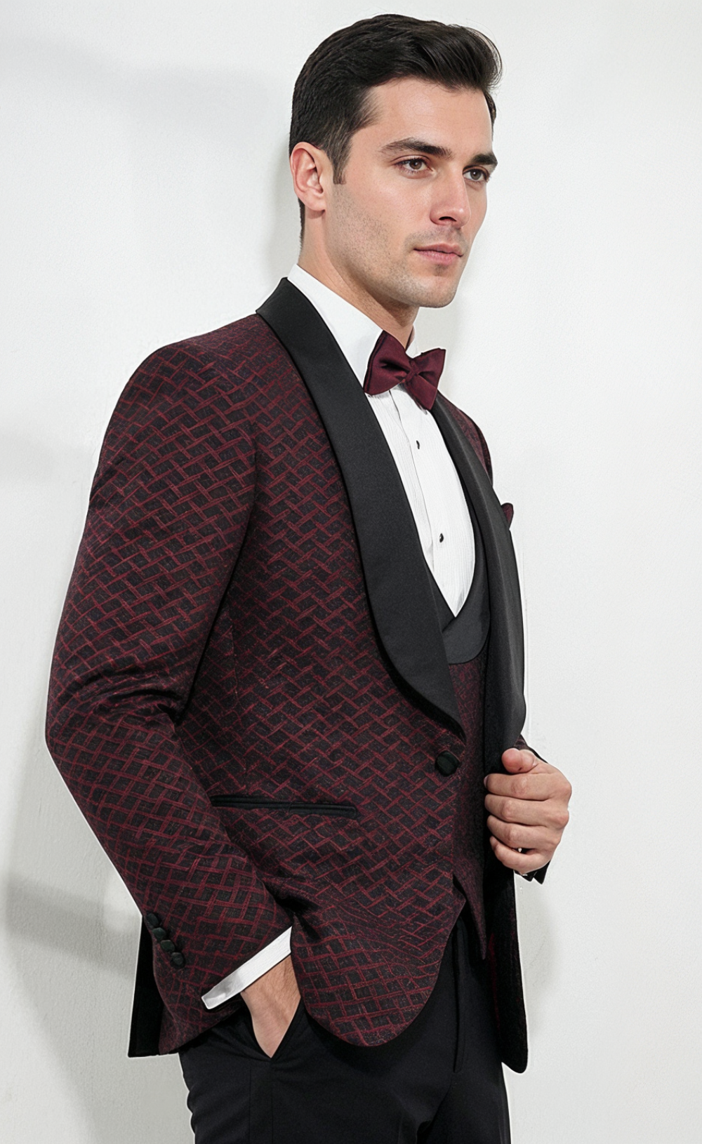 Burgundy Patterned Tuxedo Suit for Men