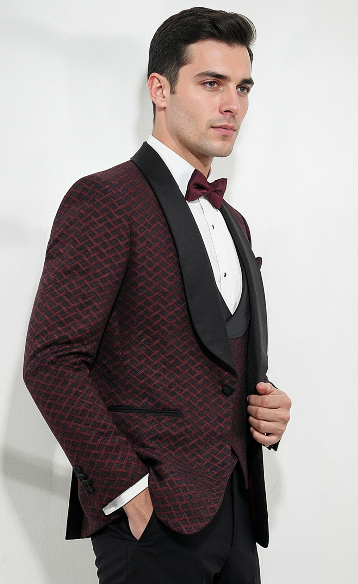 Burgundy Patterned Tuxedo Suit for Men