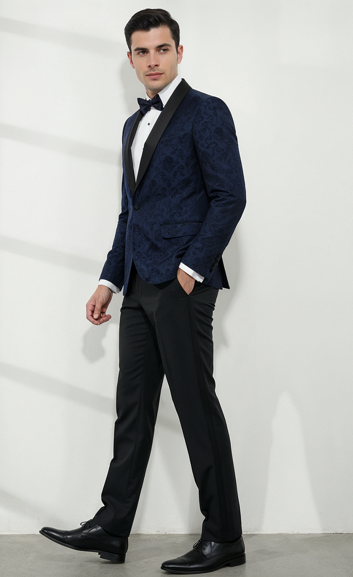 Navy Blue Jacquard Tuxedo Blazer Suit
