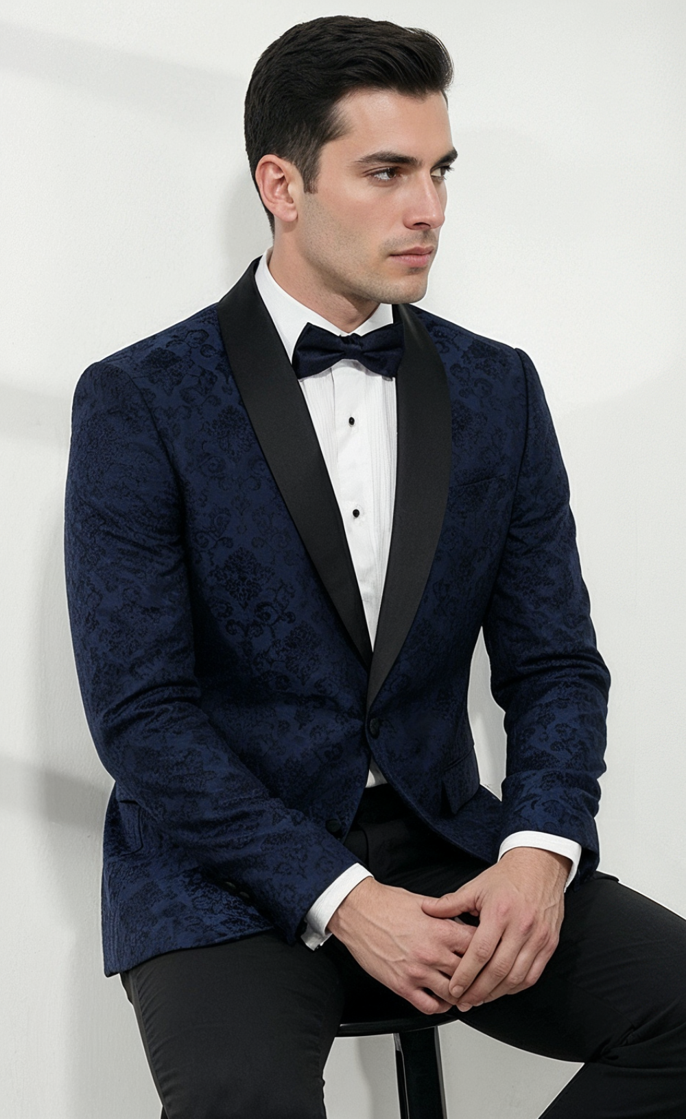 Navy Blue Jacquard Tuxedo Blazer Suit