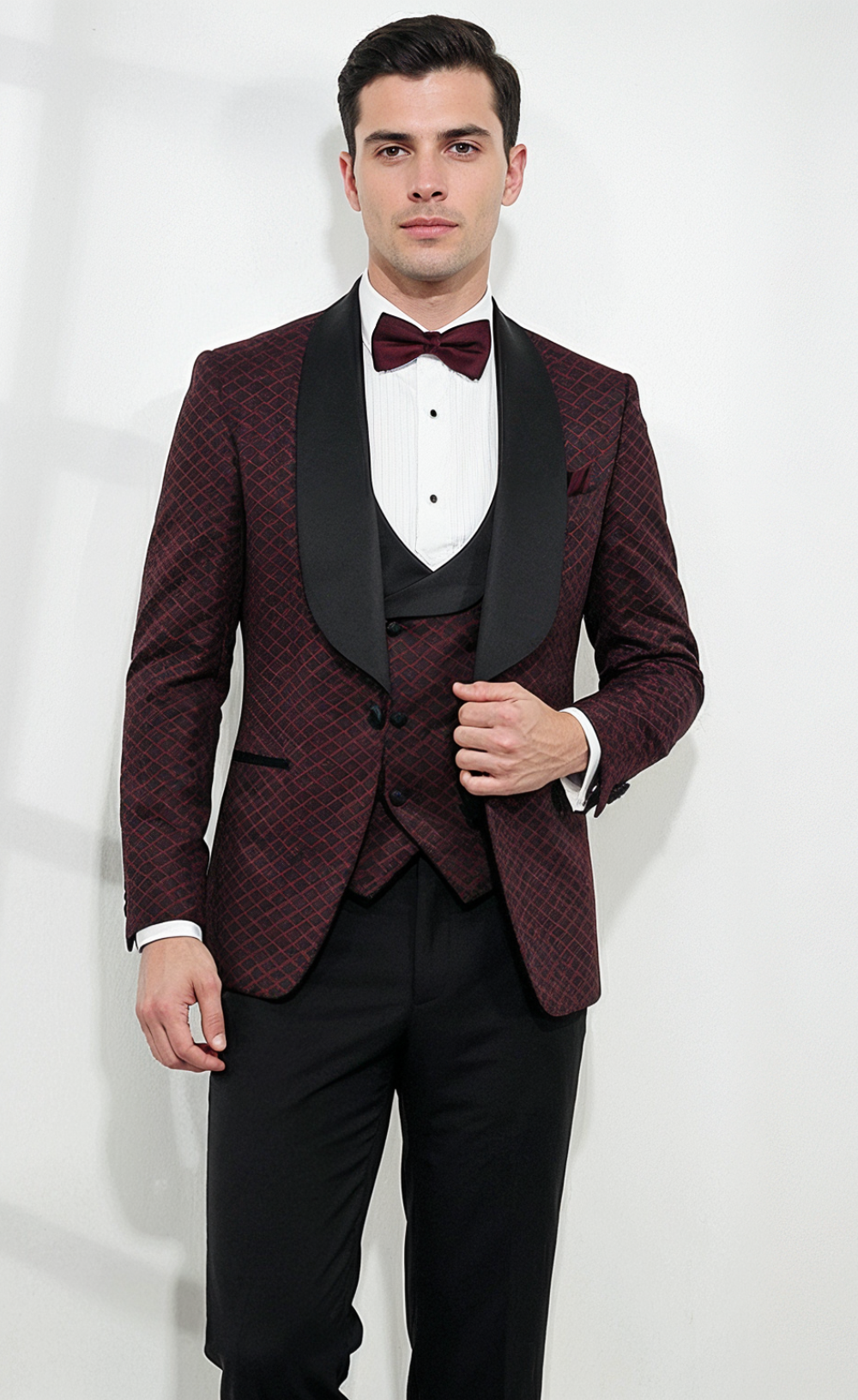 Burgundy Patterned Tuxedo Suit for Men