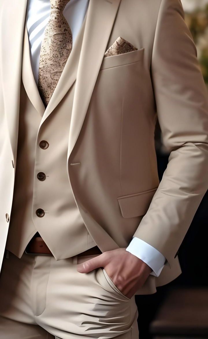 Classic Beige Three-Piece Suit for Men - Elegant Tailoring, Versatile Style, The Rising Sun store, Vardo