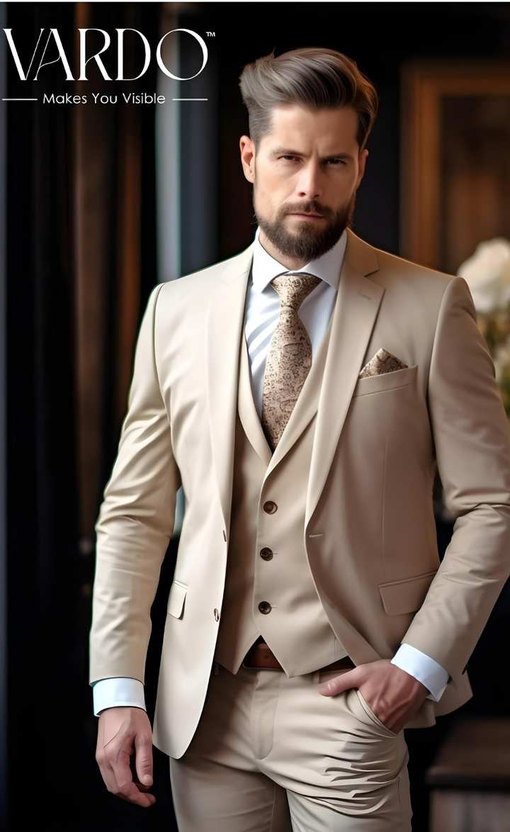 Classic Beige Three-Piece Suit for Men - Elegant Tailoring, Versatile Style, The Rising Sun store, Vardo