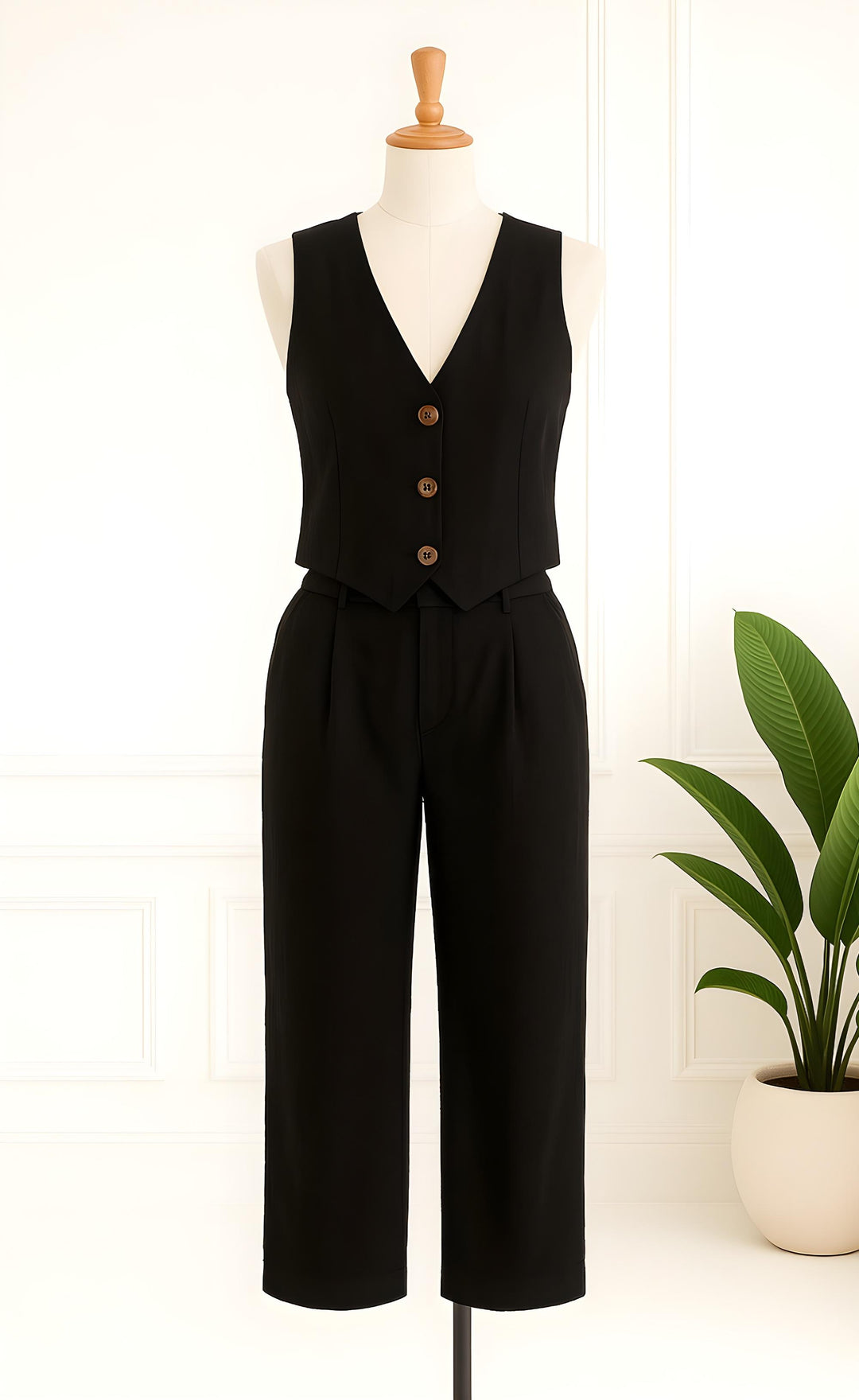Black Linen Vest and Pant Set for Women – Elegant Two-Piece Summer Co-ord Outfit