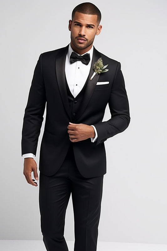 Men's Classic Black Shawl Lapel 3-Piece Tuxedo - Sleek Wedding and Event Attire - Timeless Formal Suit