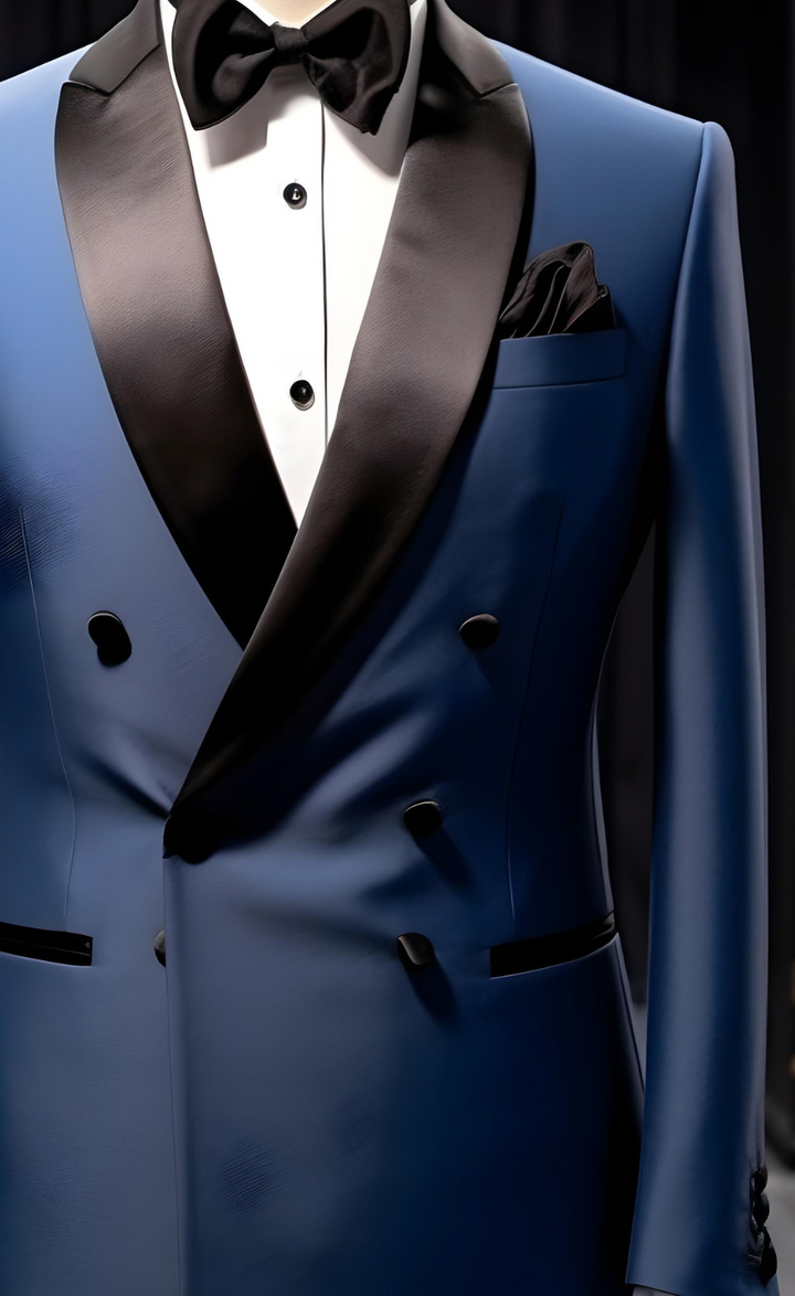 Blue Double Breasted Tuxedo with Black Satin Lapels - The Ultimate Wedding and Business Suit for Men