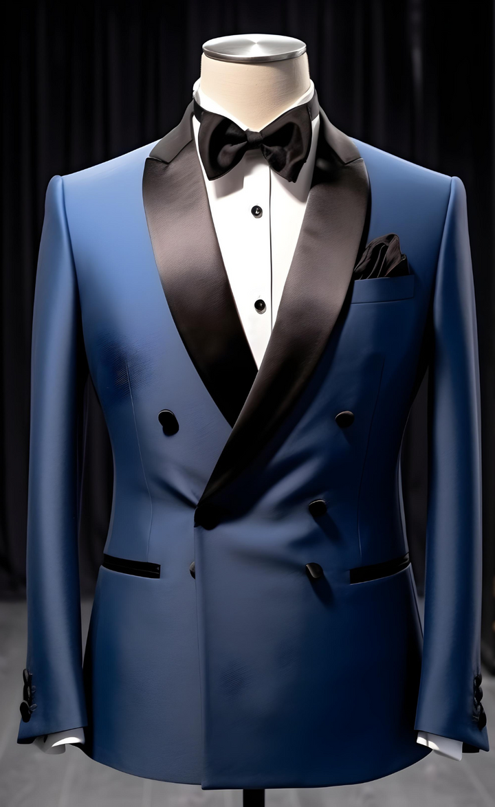 Blue Double Breasted Tuxedo with Black Satin Lapels - The Ultimate Wedding and Business Suit for Men