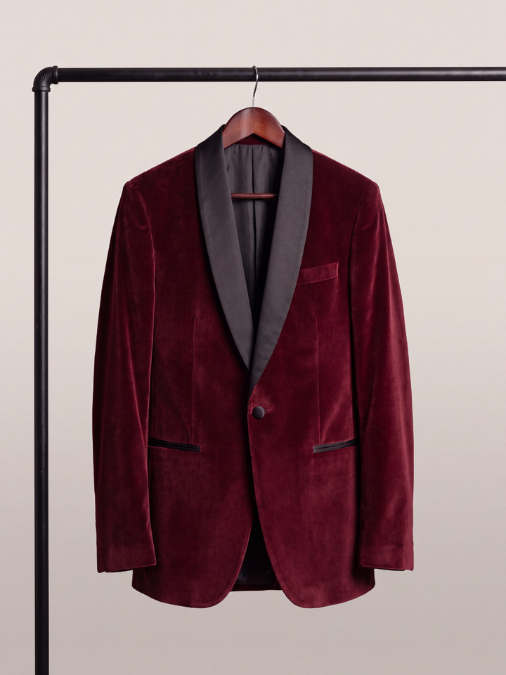 Burgundy Velvet Shawl Collar Holiday Dinner Jacket
