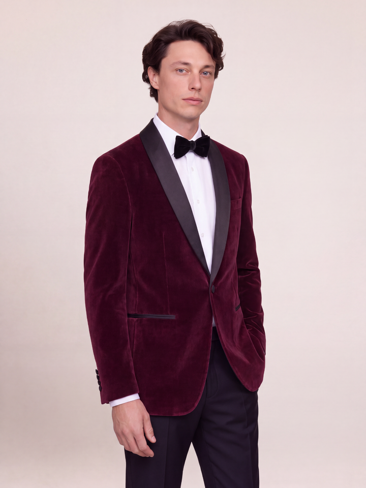Burgundy Velvet Shawl Collar Holiday Dinner Jacket