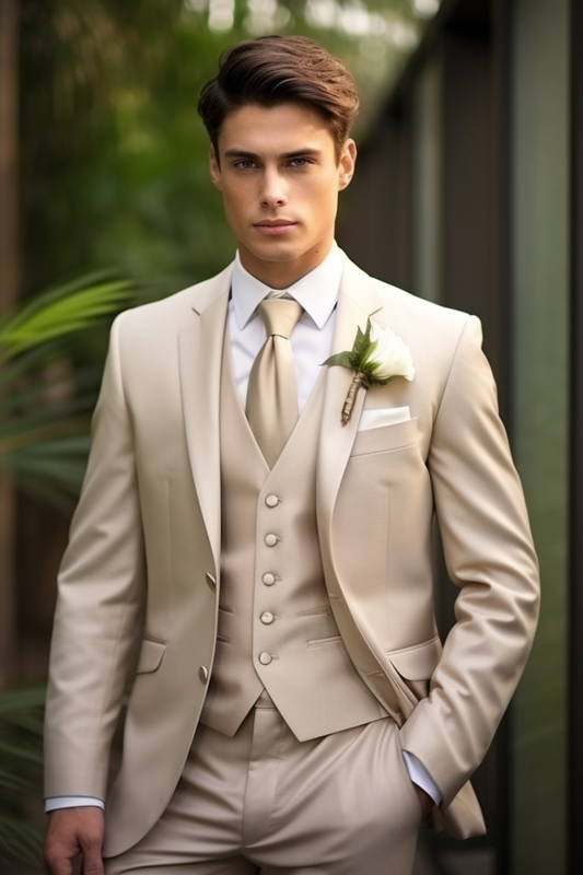 Chic Champagne Men's Three-Piece Suit - Sophisticated Business and Formal Attire