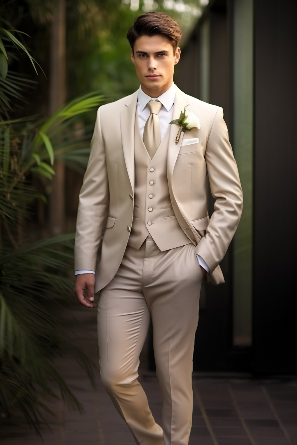 Chic Champagne Men's Three-Piece Suit - Sophisticated Business and Formal Attire