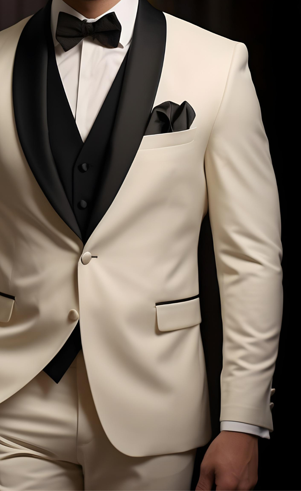 Cream Tuxedo with Black Satin Shawl Lapels - The Perfect Wedding and Business Suit for Men