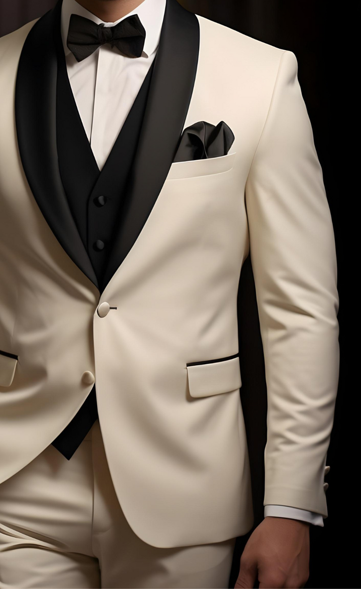 Cream Tuxedo with Black Satin Shawl Lapels - The Perfect Wedding and Business Suit for Men