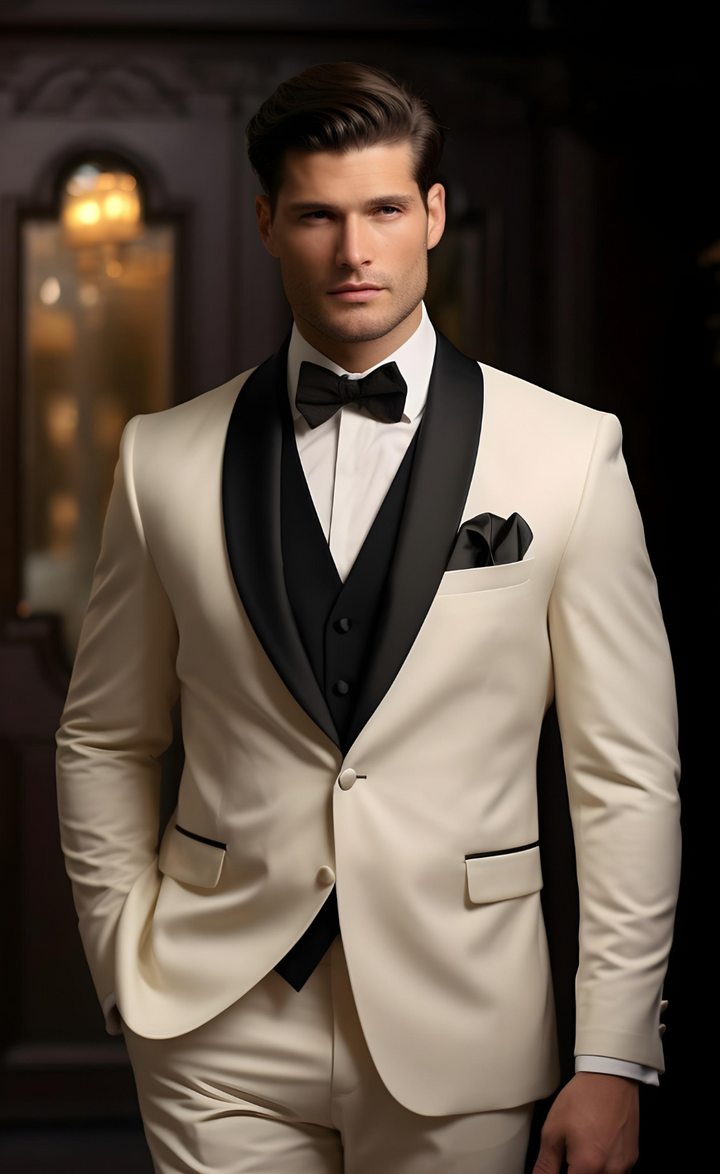 Cream Tuxedo with Black Satin Shawl Lapels - The Perfect Wedding and Business Suit for Men