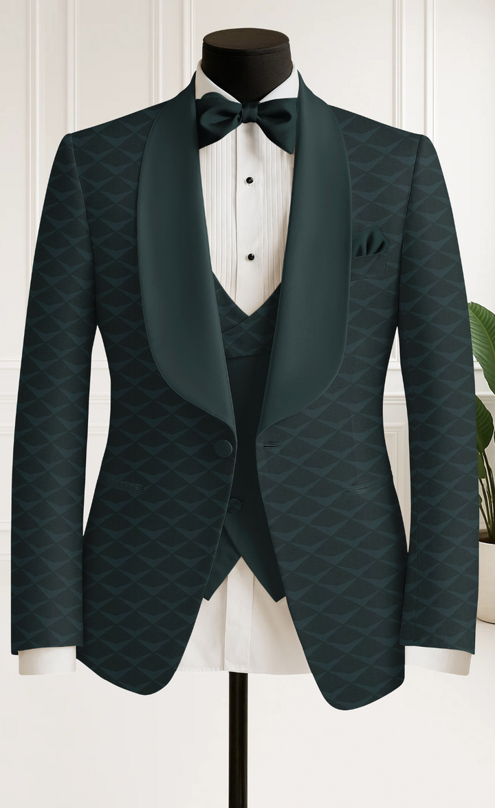 Limited Edition Dark Green Jacquard 3-Piece Tuxedo with Satin Shawl Lapel & Pants