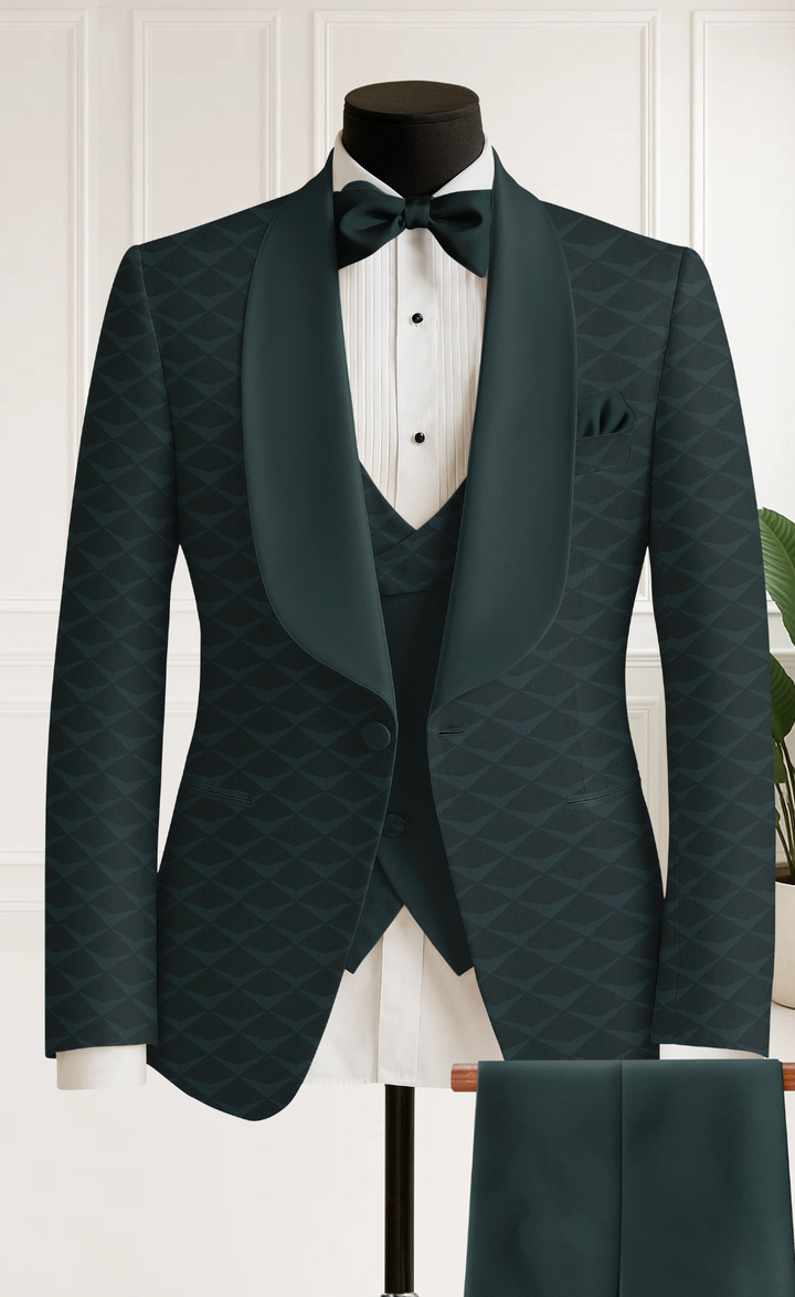 Limited Edition Dark Green Jacquard 3-Piece Tuxedo with Satin Shawl Lapel & Pants