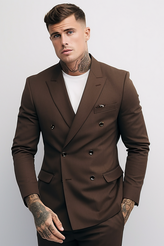 Men's Dark Brown Double-Breasted Suit - Sophisticated Business Attire - Luxurious Formal Wea