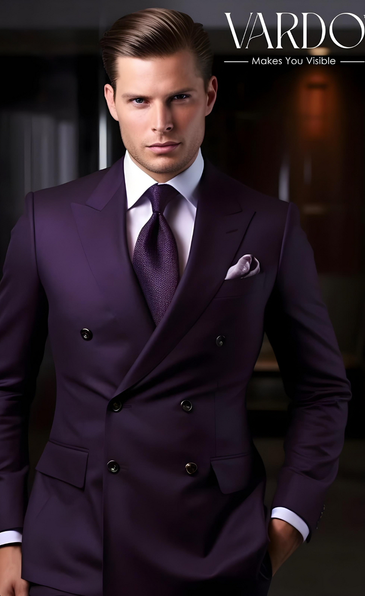 Men’s Dark Purple Double-Breasted Suit – Peak Lapel | Formal & Wedding Wear