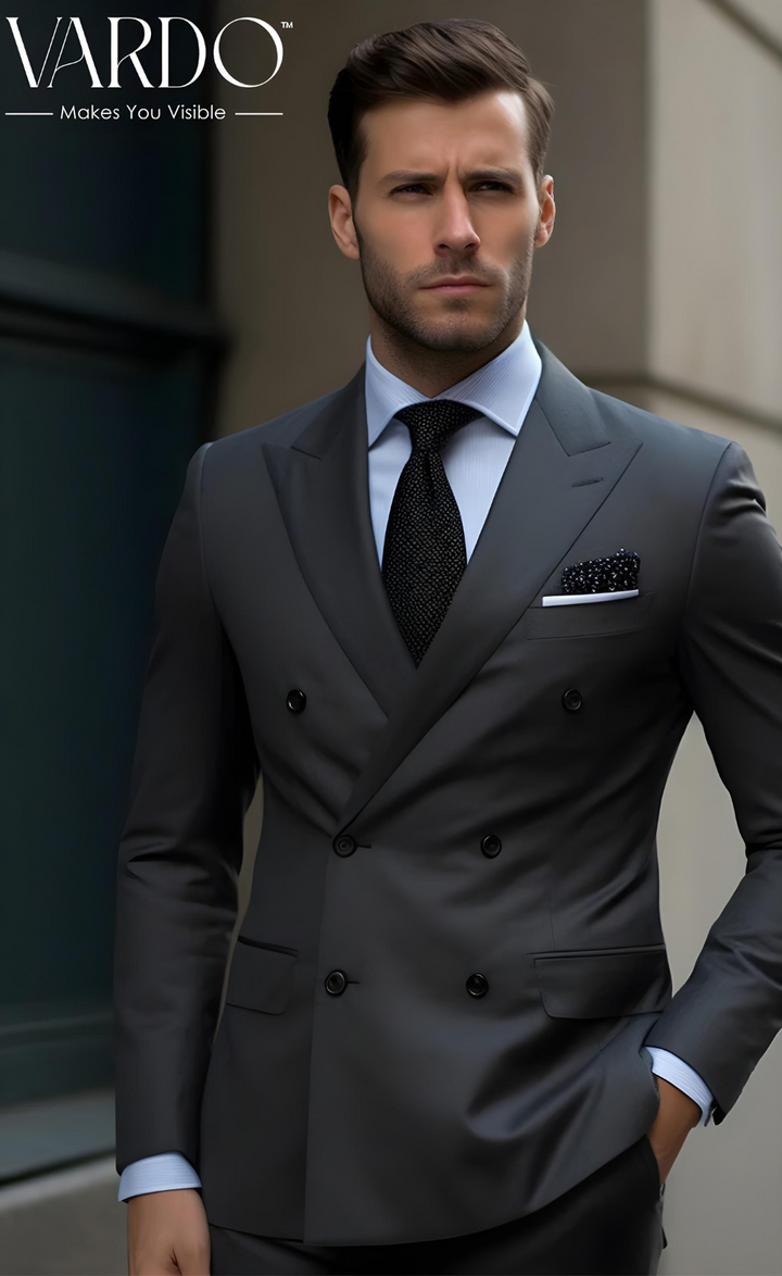 Elegant Dark Grey Double Breasted Suit for Men -Tailored Suit