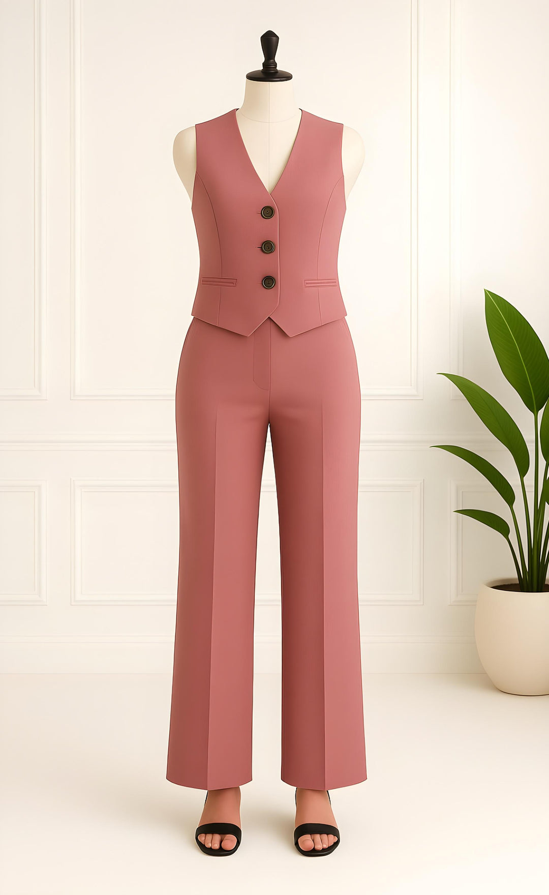 Dusty Rose Linen Vest and Pant Set for Women – Chic Two-Piece Summer Co-ord Outfit