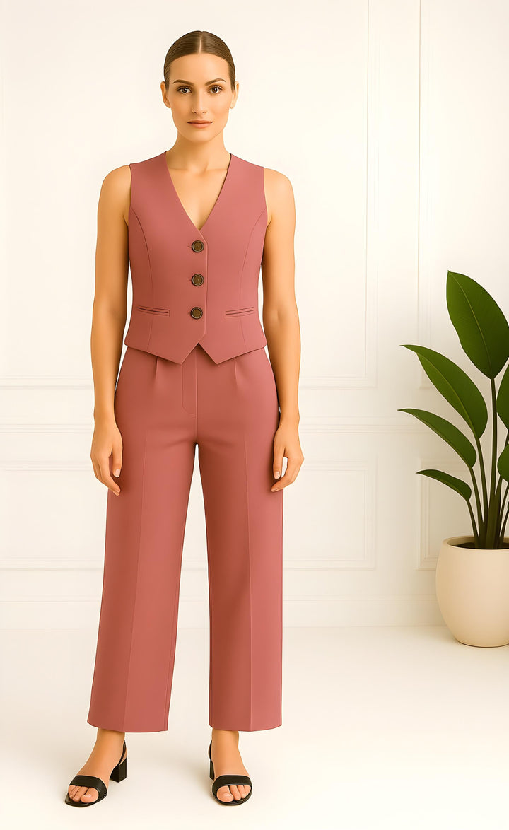 Dusty Rose Linen Vest and Pant Set for Women – Chic Two-Piece Summer Co-ord Outfit
