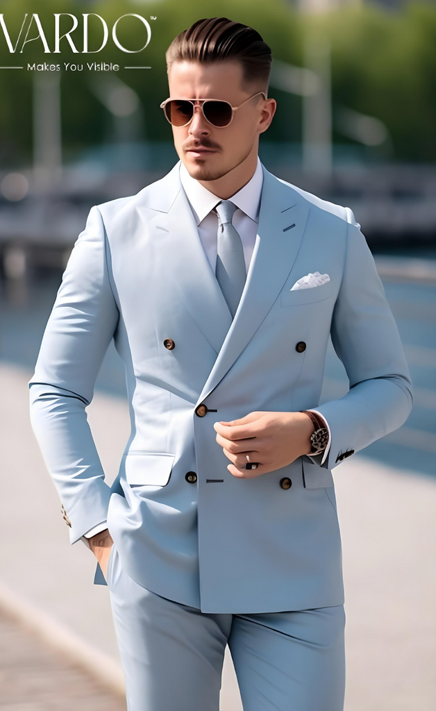 Elegant Sky Blue Double Breasted Suit – VARDO - Main Image