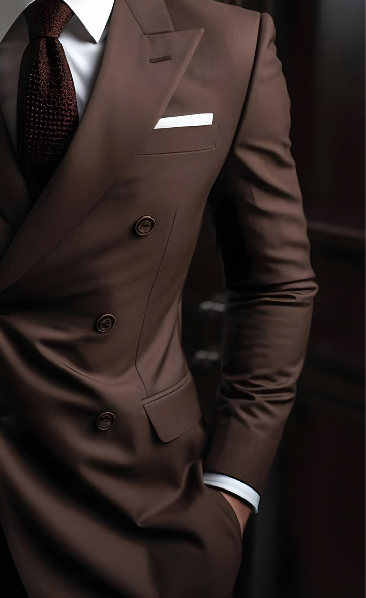 Handcrafted Wood Brown Double Breasted Suit for Men