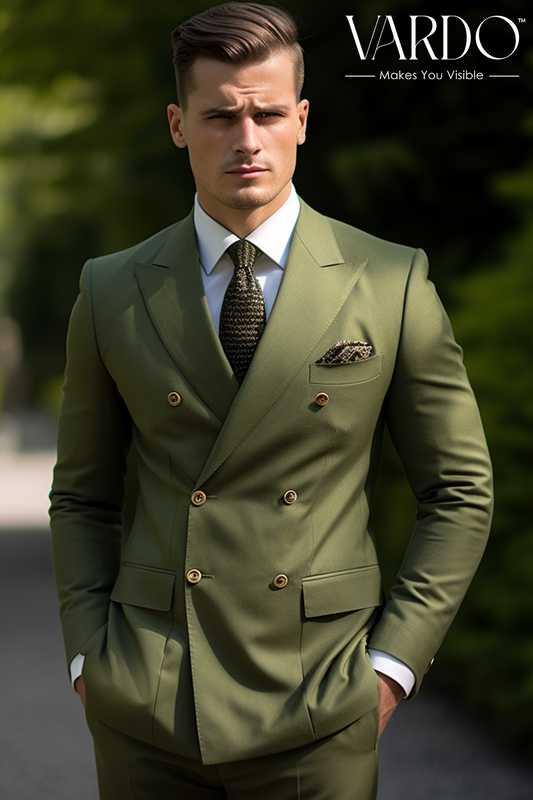 Stylish Men's Khaki Green Double Breasted Suit