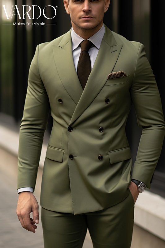 Dapper Elegance Khaki Green Double Breasted Suit