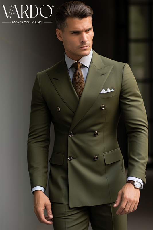 Classic Formal Attire Khaki Green Double Breasted Suit