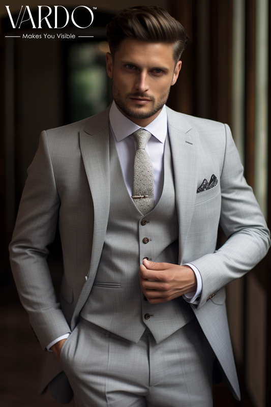 Classic Light Grey Three Piece Suit for Men