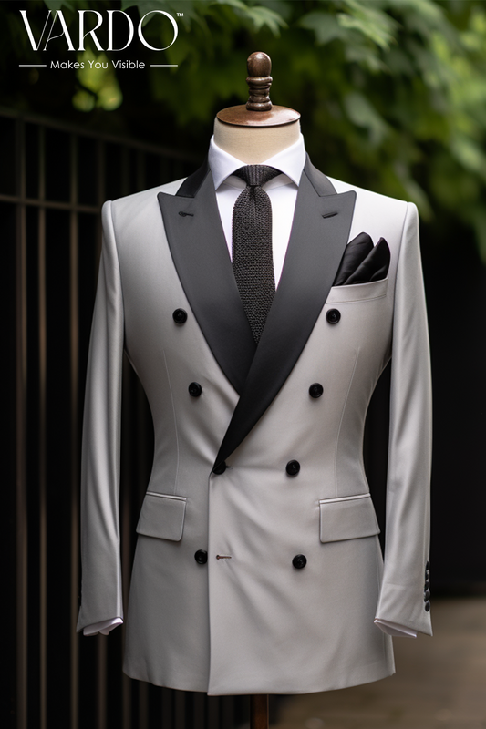 Stylish Premium Light Grey Double Breasted Business Suit for Men