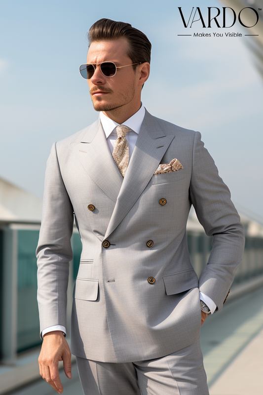 Light Grey Double Breasted Suit for Men Classic
