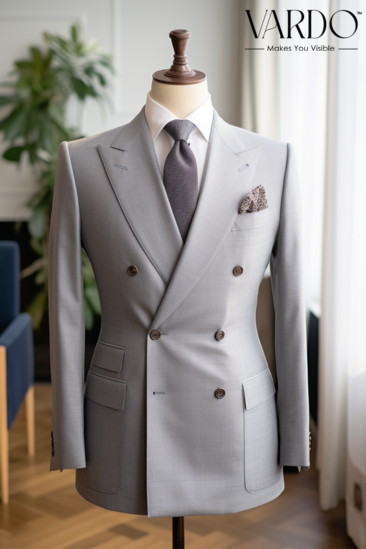 Stylish Men's Light Grey Double Breasted Suit