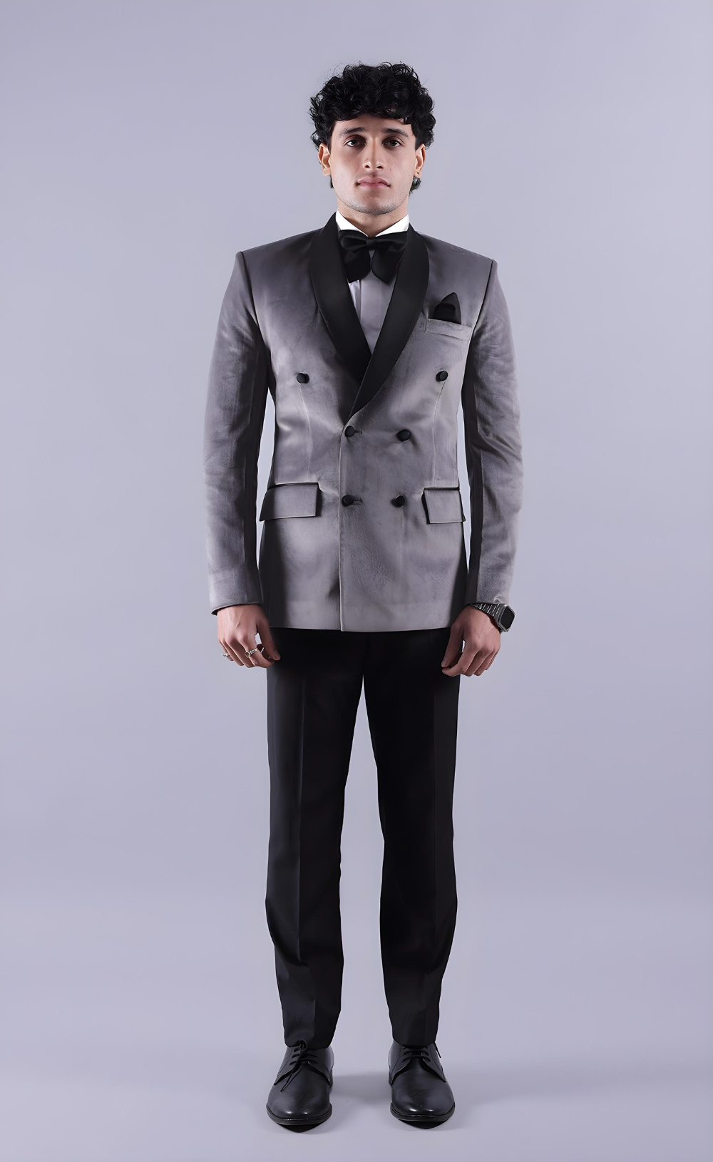 Men's Grey Double-Breasted Tuxedo Suit Premium Velvet Formal
