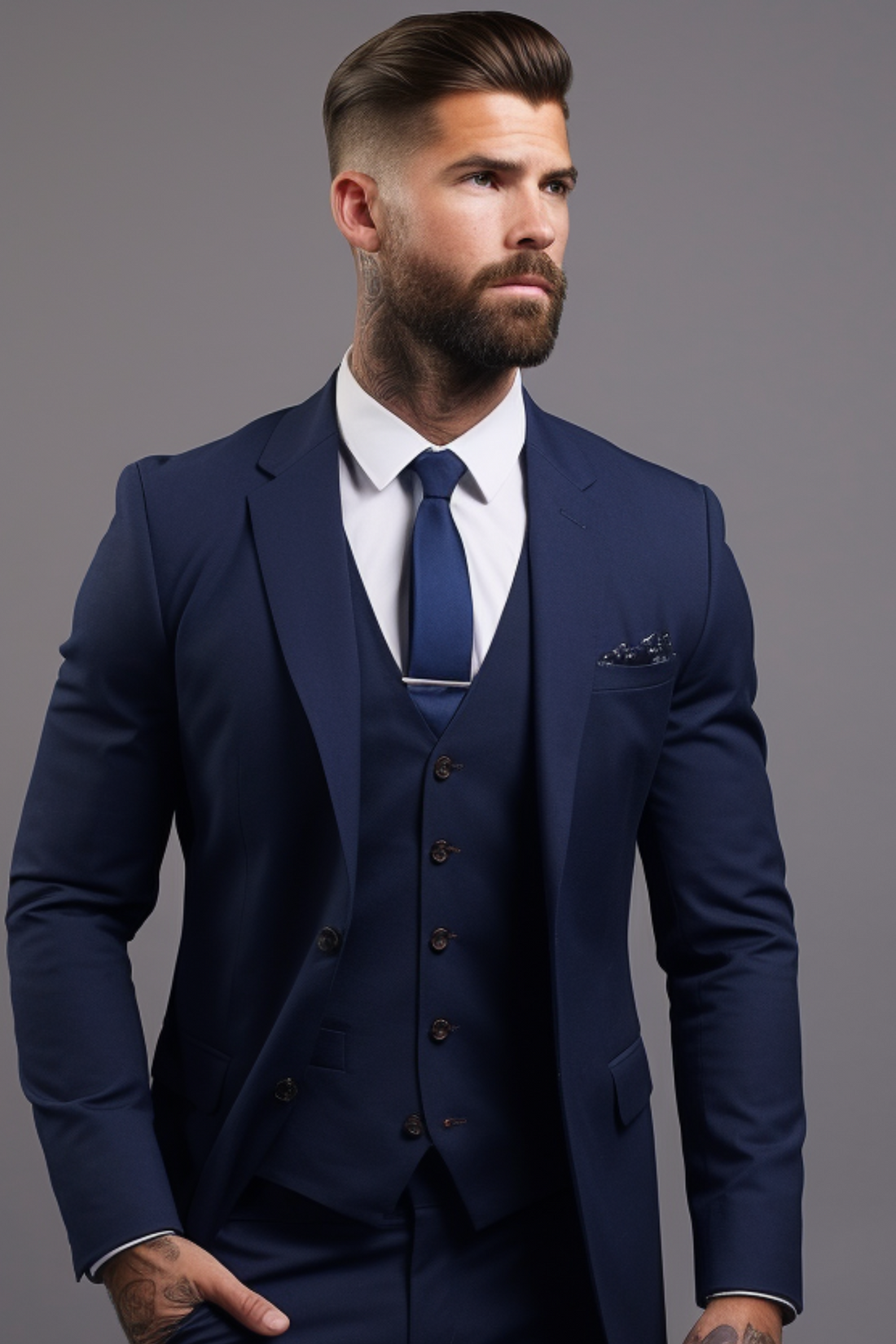 Mens Three Button Classic Fit Vested Suit in Navy Blue