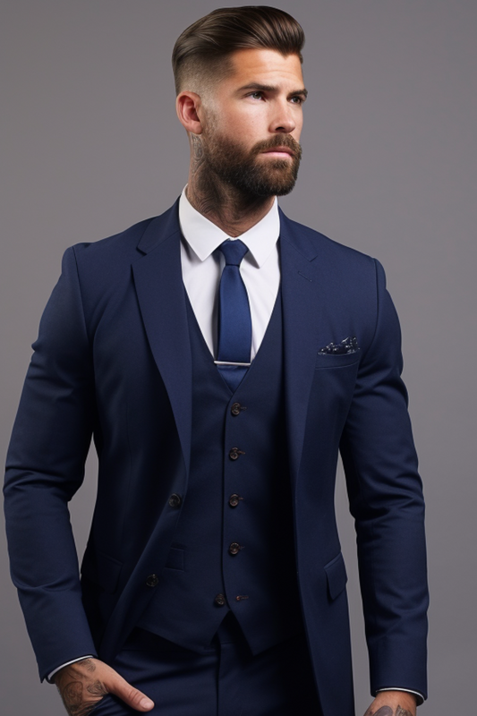 Classic Navy Blue Men's Three-Piece Notch Lapel Suit - Tailored Fit Formal Wear for Weddings, Business