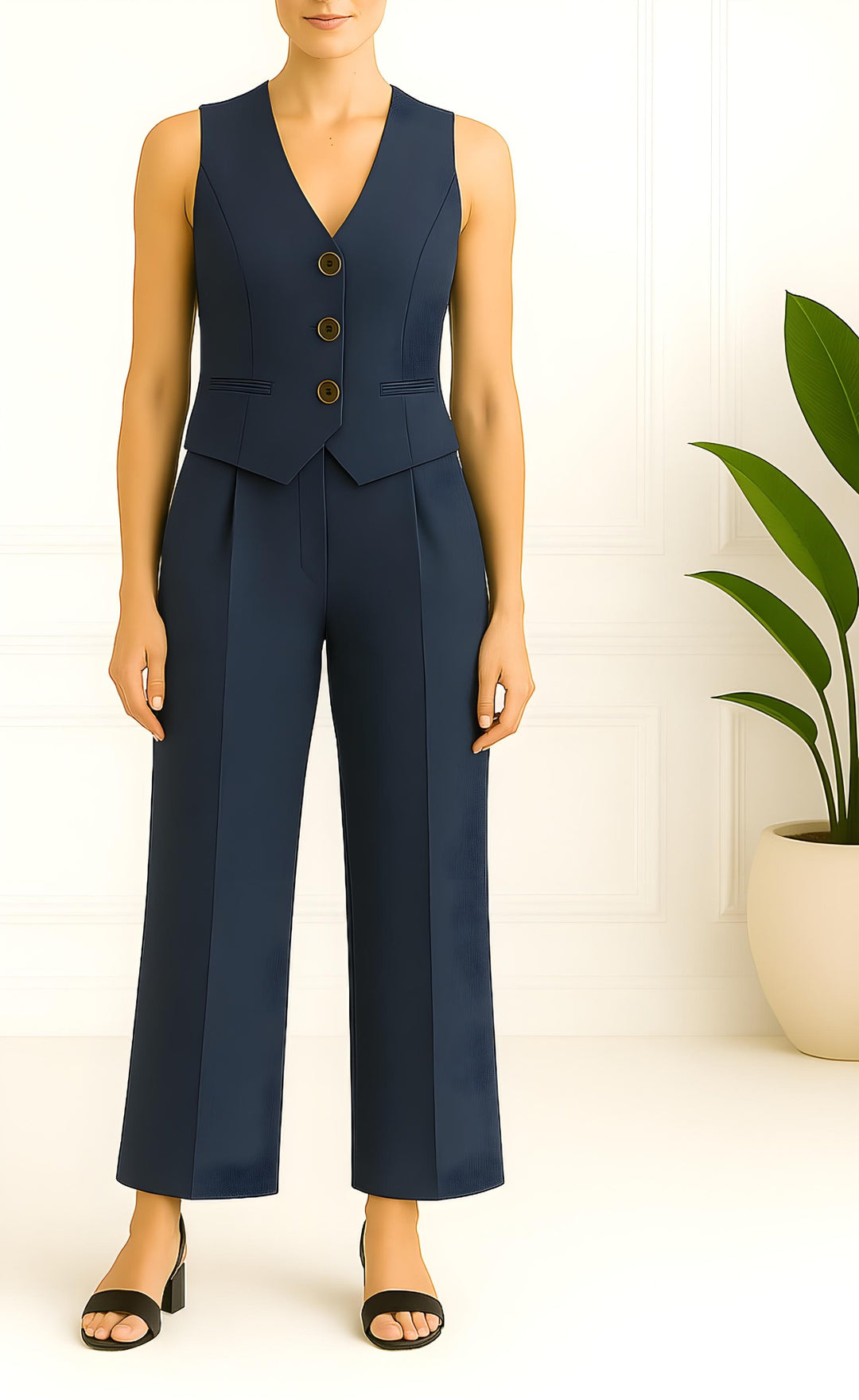 Navy Blue Linen Vest and Pant Set for Women – Classic Two-Piece Summer Co-ord Outfit